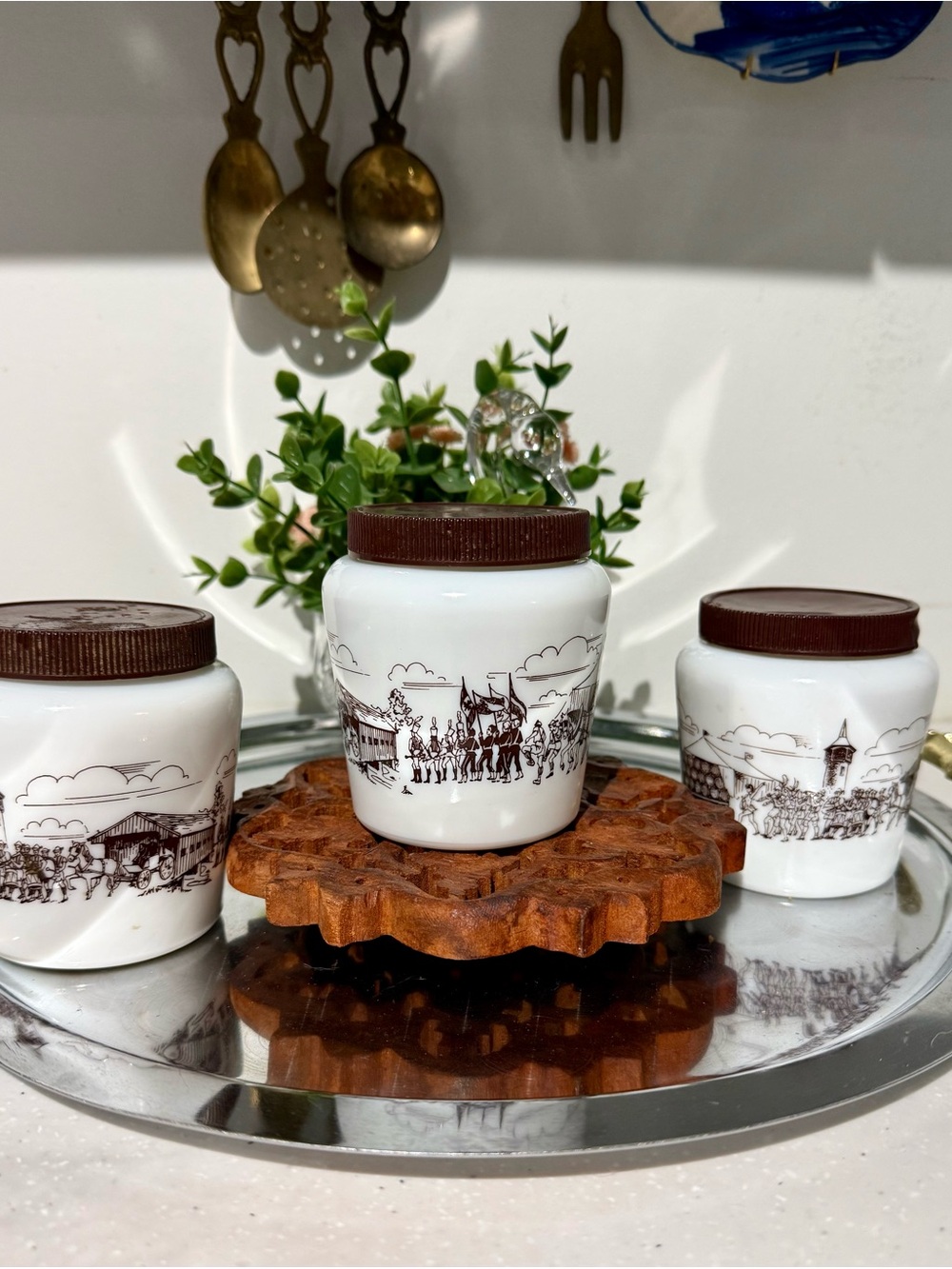 Milk Glass Salt n Pepper & Mustard Jars Brown Lids - Vintage Scenic Design